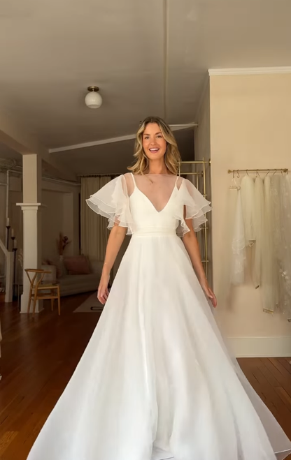 Stunning Ball Gown White Ruffle Organza Long Sweep Wedding Dress SH4709