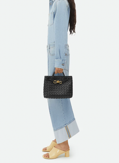 Bottega Veneta Small Andiamo Bag in Black Intrecciato Leather with Gold Hardware RRP £3,460