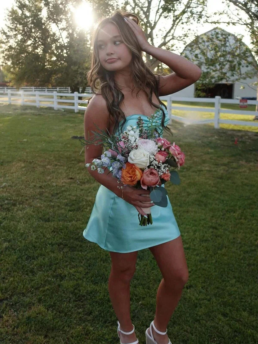 Sweety A Line Strapless Twist Satin Short Homecoming Dress with Keyhole SH5930