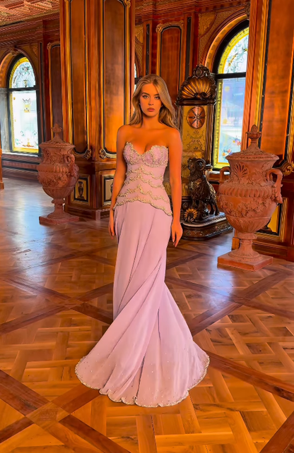 Stunning Lilac A Line Strapless Layered Beaded Chiffon Long Prom Dress SH5340