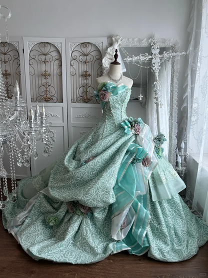 Vintage Blue Rose Print Ball Gown Exquisite Beaded Tulle Prom Dress Sweet 16 Dress SH5988