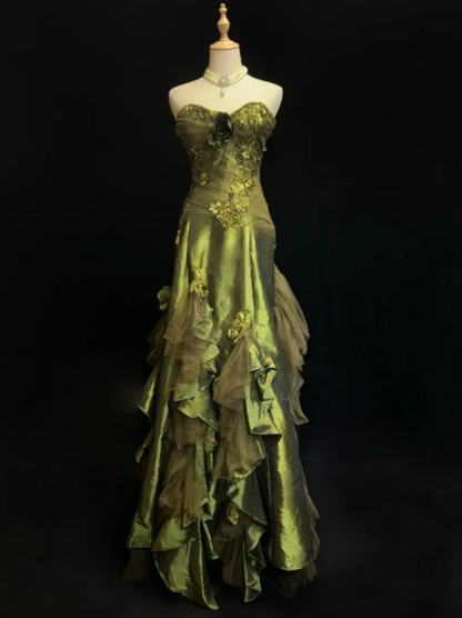 Vintage Green Mermaid Strapless Appliques Floral Satin Long Prom Dress SH5424