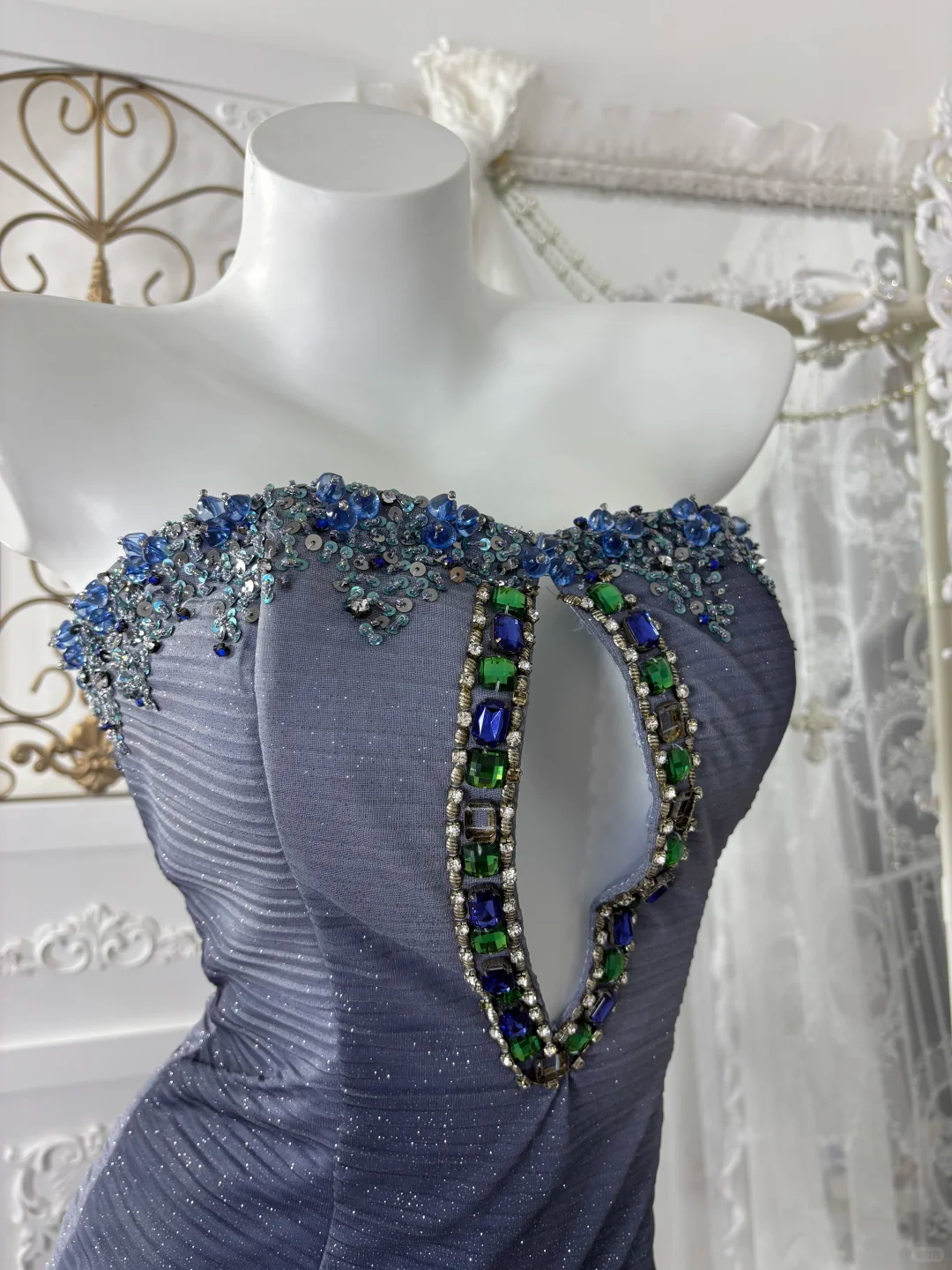 Vintage Blue Ombre A Line Strapless Shiny Beaded Tulle Prom Dress Sweet 16 Dress SH5981