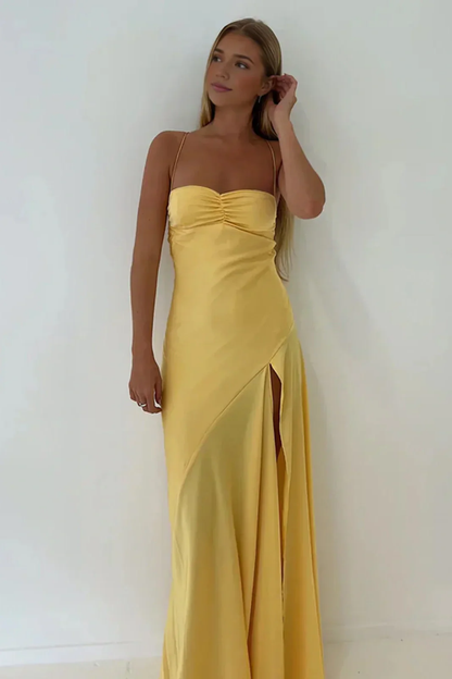 Spaghetti Strps Yellow Slit Long Prom Dress SH1033