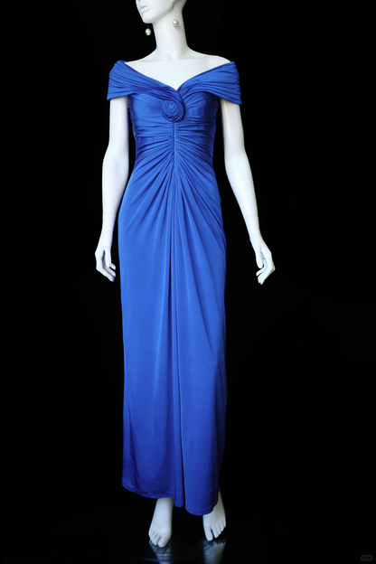 Vintage Blue A Line Off the Shoulder Pleated Satin Prom Dress Evening Dress SH5128