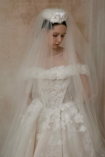 Sweety Ball Gown Off the Shoulder White 3D Floral Tulle Wedding Dress SH5076