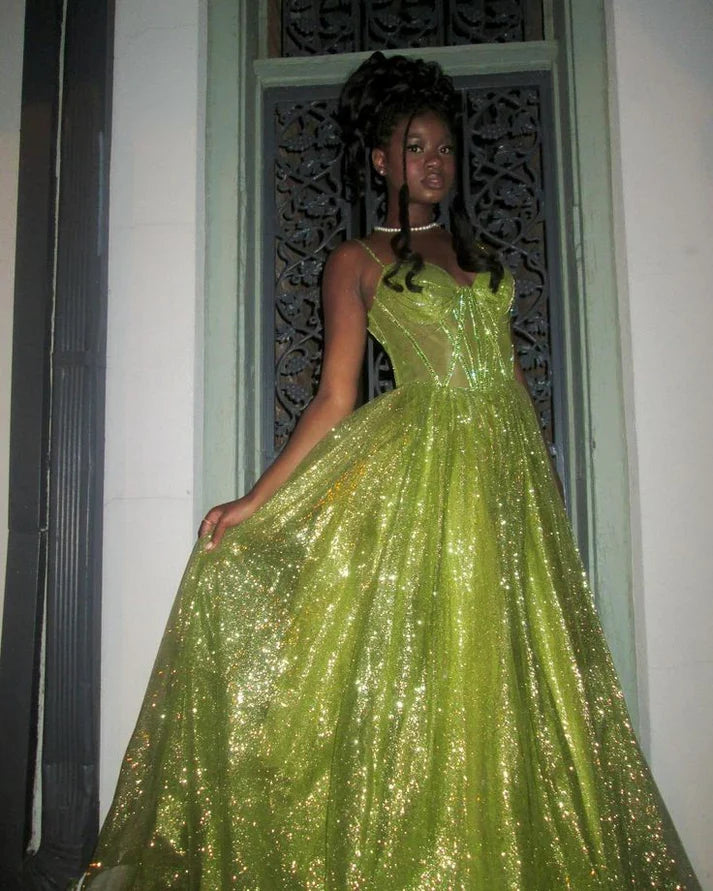 Stunning Green A Line Spaghetti Strap Corset Sequin Long Prom Dress Evening Dress SH3543