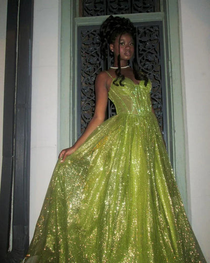Stunning Green A Line Spaghetti Strap Corset Sequin Long Prom Dress Evening Dress SH3543