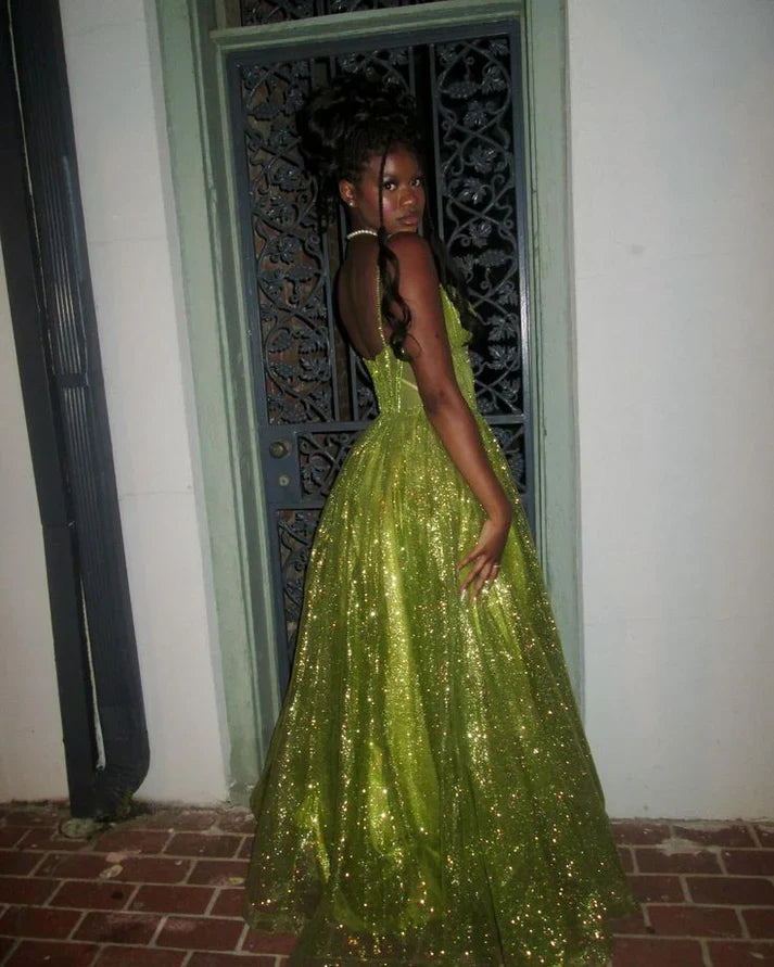 Stunning Green A Line Spaghetti Strap Corset Sequin Long Prom Dress Evening Dress SH3543