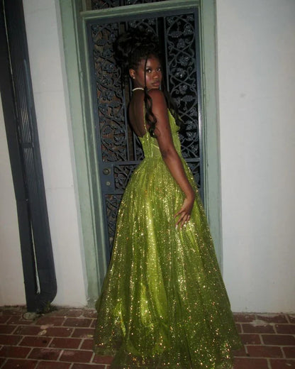Stunning Green A Line Spaghetti Strap Corset Sequin Long Prom Dress Evening Dress SH3543