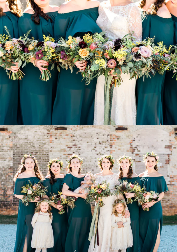 Teal Green Chiffon Off The Shoulder Side Slit Boho Bridesmaid Dresses SH5581