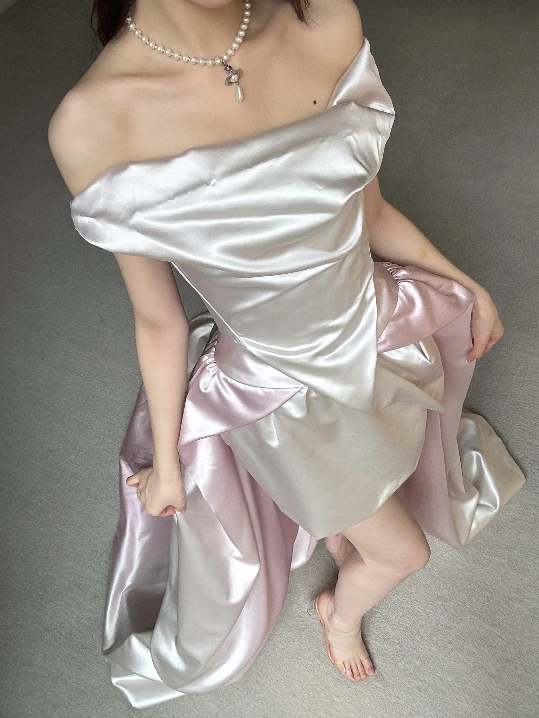 Unique Pink White Ombre A Line Off the Shoulder Pleated Satin Long Wedding Dress SH5152