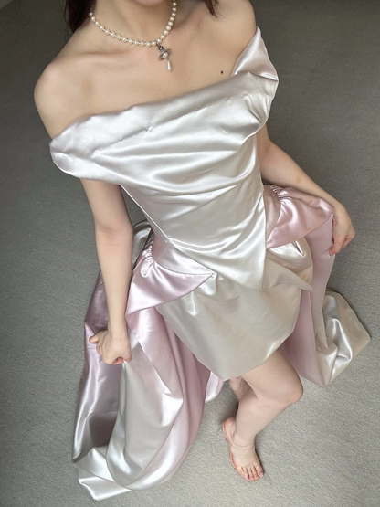 Unique Pink White Ombre A Line Off the Shoulder Pleated Satin Long Wedding Dress SH5152