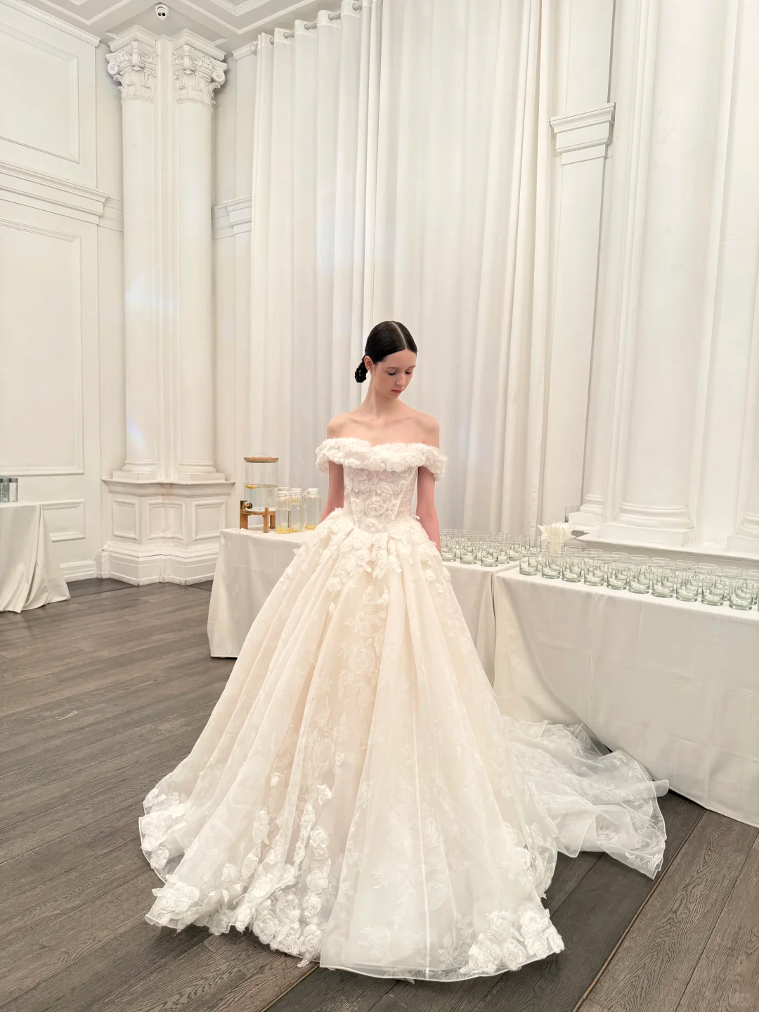 Sweety Ball Gown Off the Shoulder White 3D Floral Tulle Wedding Dress SH5076