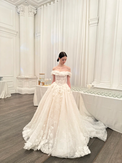 Sweety Ball Gown Off the Shoulder White 3D Floral Tulle Wedding Dress SH5076