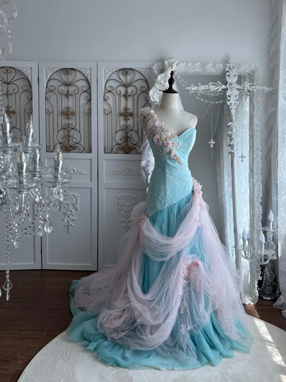 Vintage Blue-Pink Ball Gown One Shoulder 3D Floral Tulle Prom Dress Sweet 16 Dress SH5788
