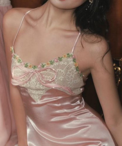 Sweety Pink Sheath Halter Lace Satin Backless Long Prom Dress SH5476