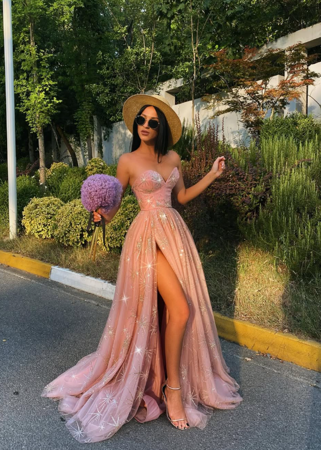 Sweety Pink A Line Sweetheart Neck Sequin Tulle Satin Long Prom Dress Evening Dress Slit SH6118