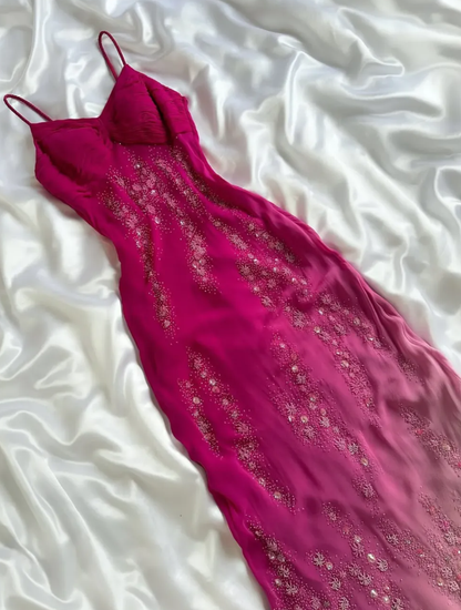Vintage A Line Spaghetti Strap Exquisite Beaded Ombre Chiffon Prom Dress Wedding Guest Dress SH4424