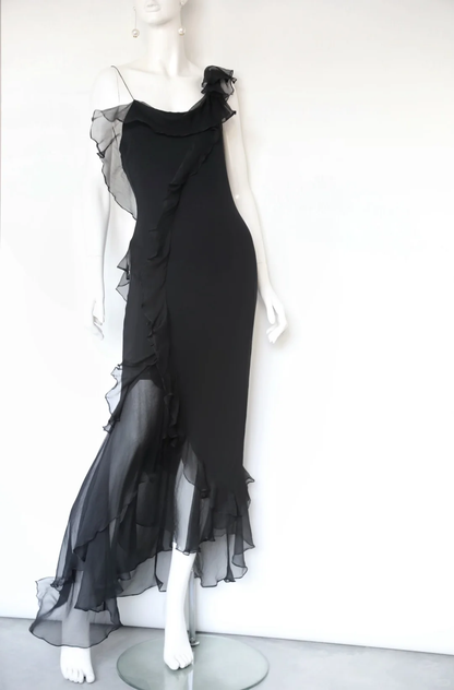 Vintage Flowy Sheath Straps Ruffle Black Chiffon Long Prom Dress Evening Dress SH5135