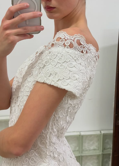 Vintage A Line Off the Shoulder White Lace Tulle Long Wedding Dress SH5875