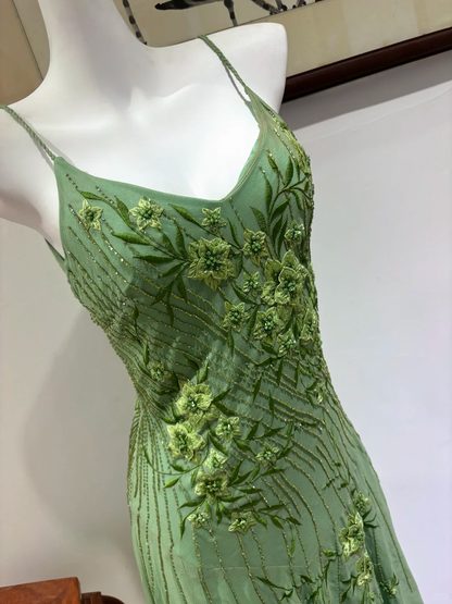 Vintage A Line Spaghetti Straps Embroidered Beaded Chiffon Graduation Prom Dress SH5275