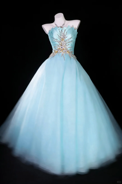 Vintage Blue A Line Strapless Pleated Beaded Satin Tulle Long Graduation Prom Dress SH5288