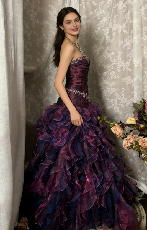 Vintage Grape A Line Strapless Appliques Ruffle Organza Long Prom Dress SH5425