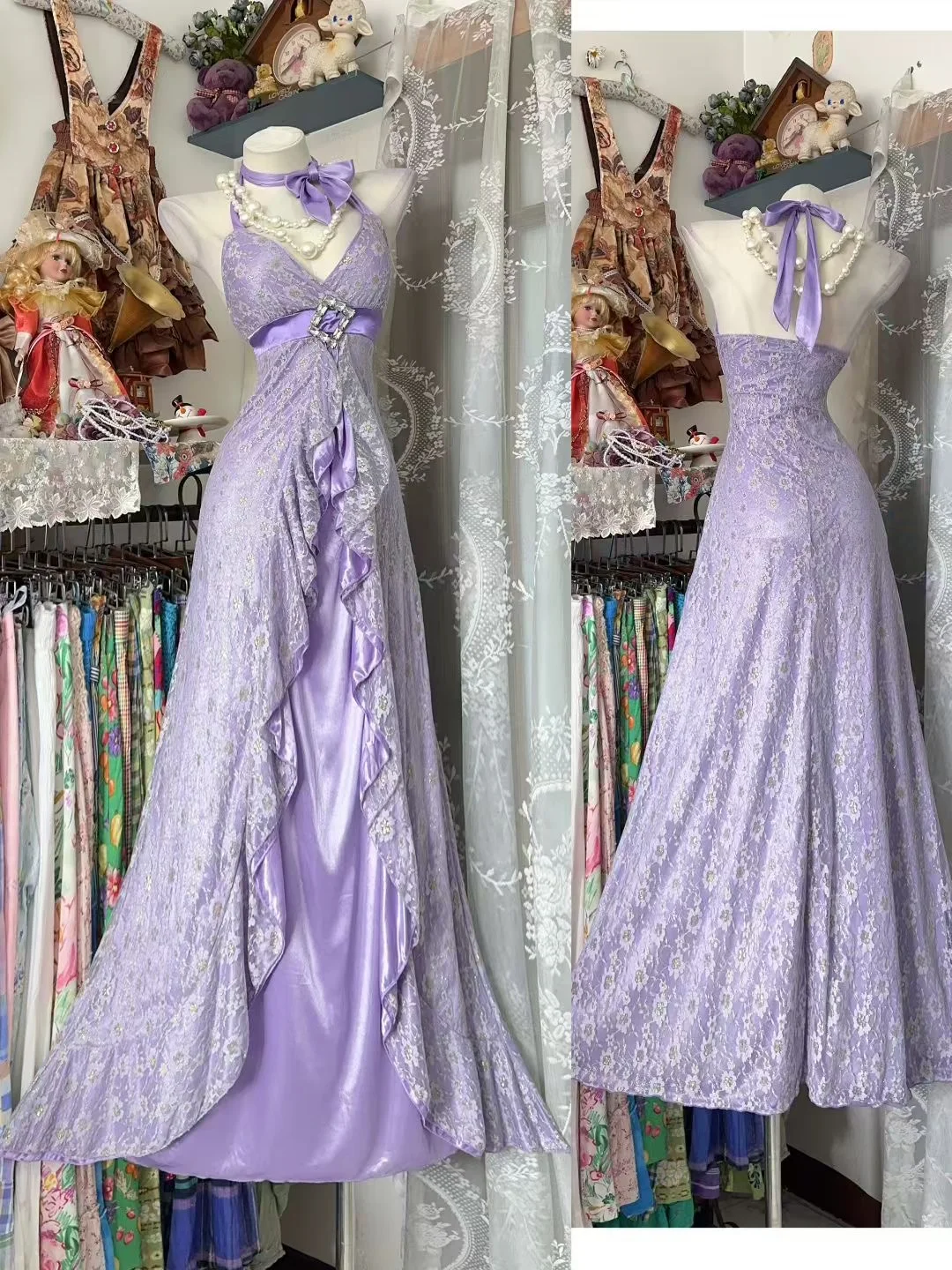 Vintage Lilac A Line Halter Lace Satin Prom Dress Evening Dress SH5626