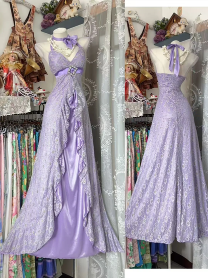 Vintage Lilac A Line Halter Lace Satin Prom Dress Evening Dress SH5626