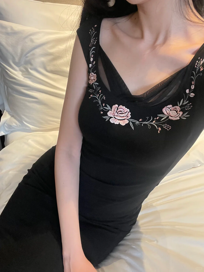 Vintage Black Mermaid Embroidery Satin Prom Dress Evening Dress Date Dress SH5600