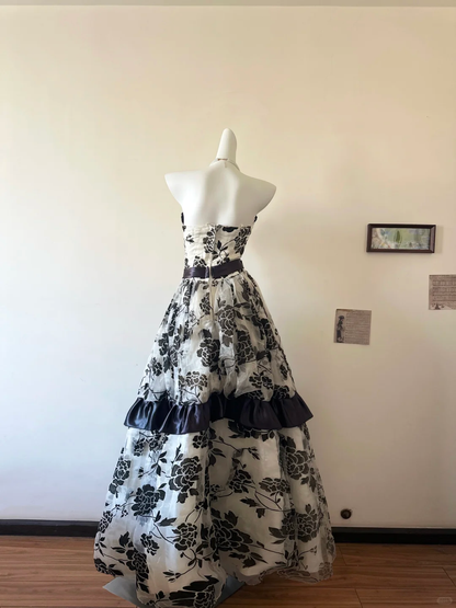 Vintage Black Print Floral A Line Chiffon Prom Dress Party Evening Dress SH5691