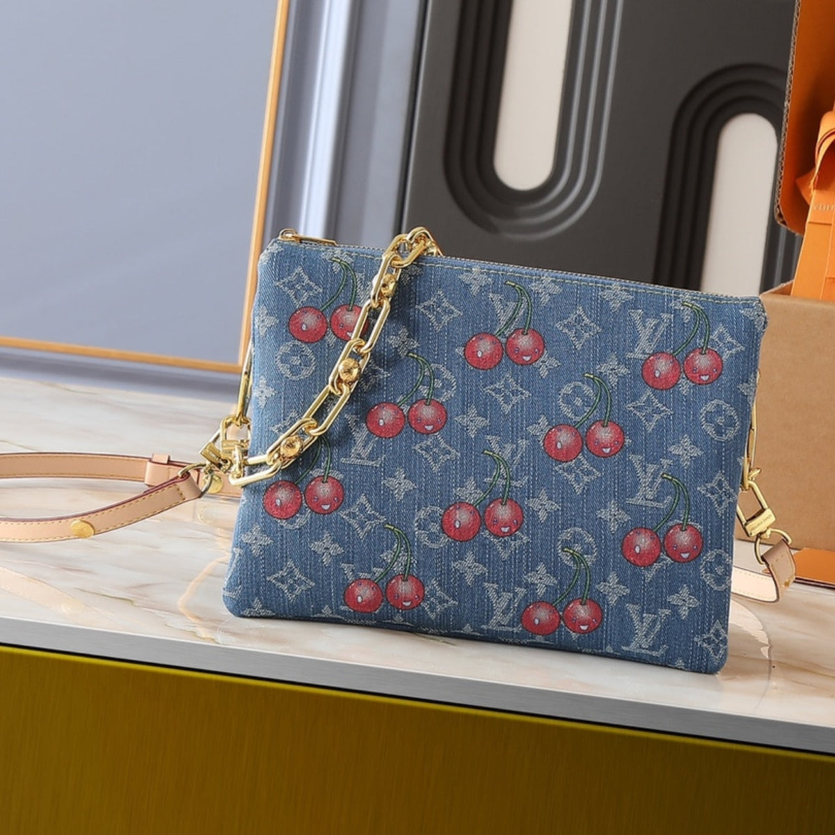 LOUIS VUITTON X TAKASHI MURAKAMI PM COUSSIN BAG DENIM MONOGRAM CHERRY BLUE 26CM M14978