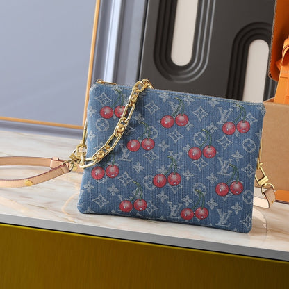 LOUIS VUITTON X TAKASHI MURAKAMI PM COUSSIN BAG DENIM MONOGRAM CHERRY BLUE 26CM M14978