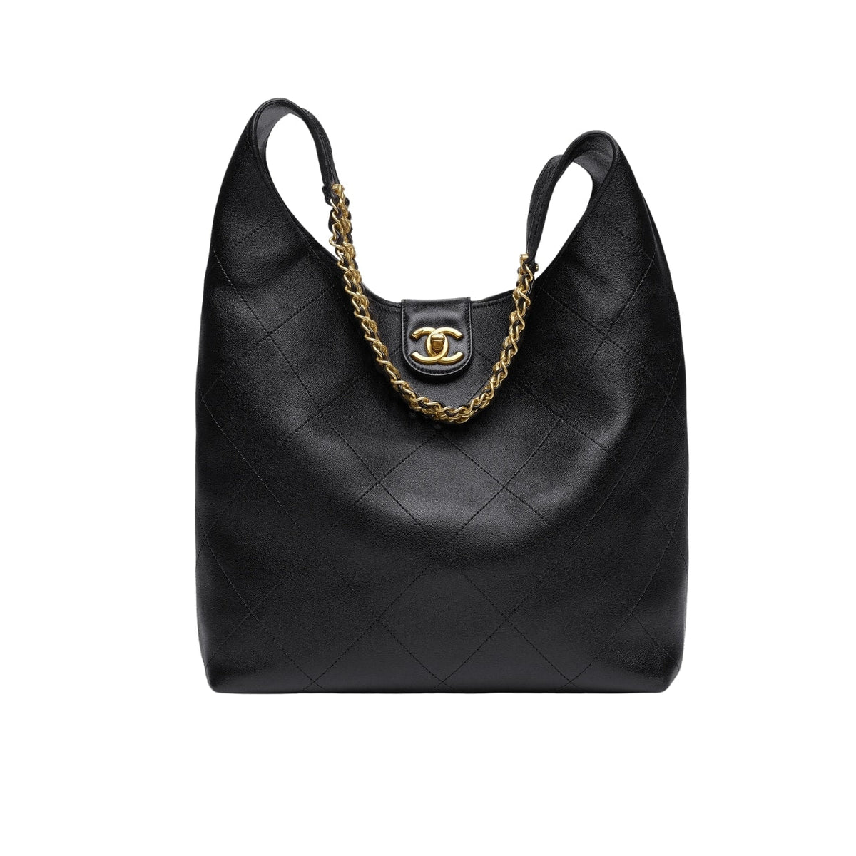 CHANEL LARGE HOBO BAG SHINY GOLD TONE METAL BLACK 21CM AS5410 B19776 94305