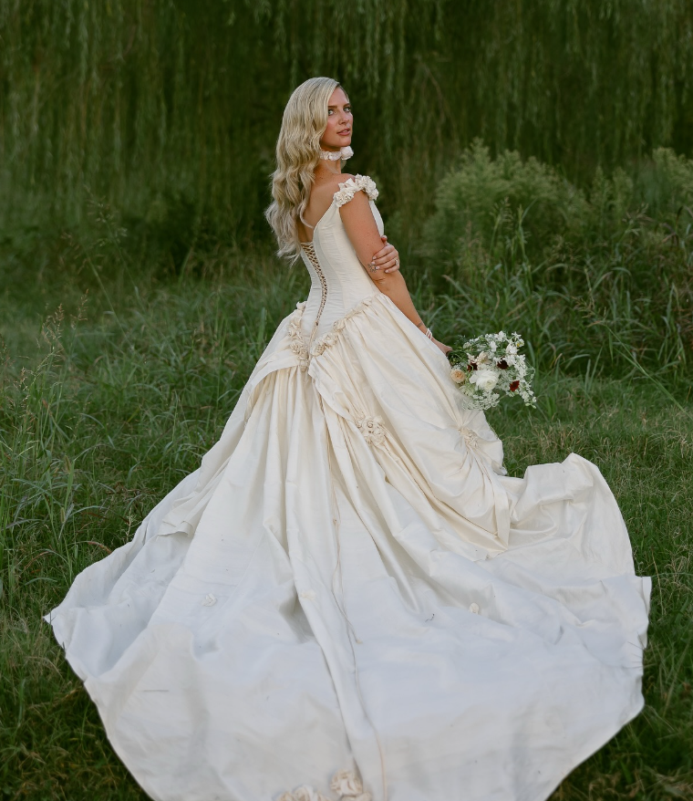 Vintage Ball Gown Off the Shoulder 3D Flower White Satin Wedding Dress SH6081