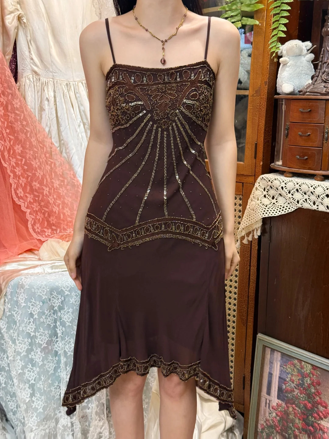 Vintage Brown A Line Straps Beaded Chiffon Short Prom Dress Hoco Dress SH5515
