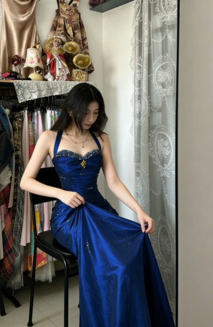 Vintage Halter Mermaid Long Prom Dresses Beaded Royal Blue Satin Birthday Dresses SH5041