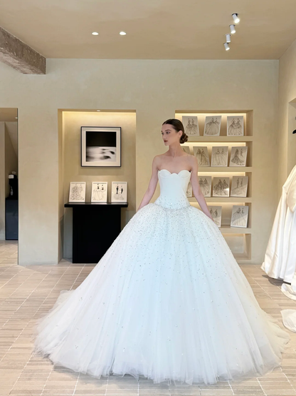 Stunning Ball Gown Strapless Exquisite Beaded White Satin Tulle Long Wedding Dress SH5094