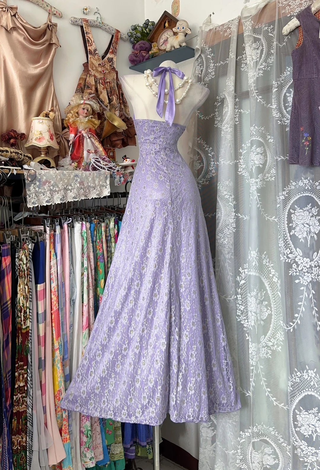 Vintage Lilac A Line Halter Lace Satin Prom Dress Evening Dress SH5626