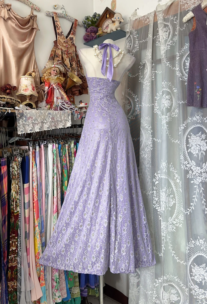 Vintage Lilac A Line Halter Lace Satin Prom Dress Evening Dress SH5626