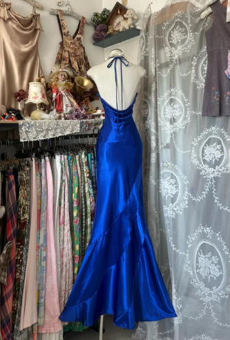 Vintage Blue Mermaid Long Prom Dresses Beaded Satin Evening Dresses Birthday Dresses SH5042