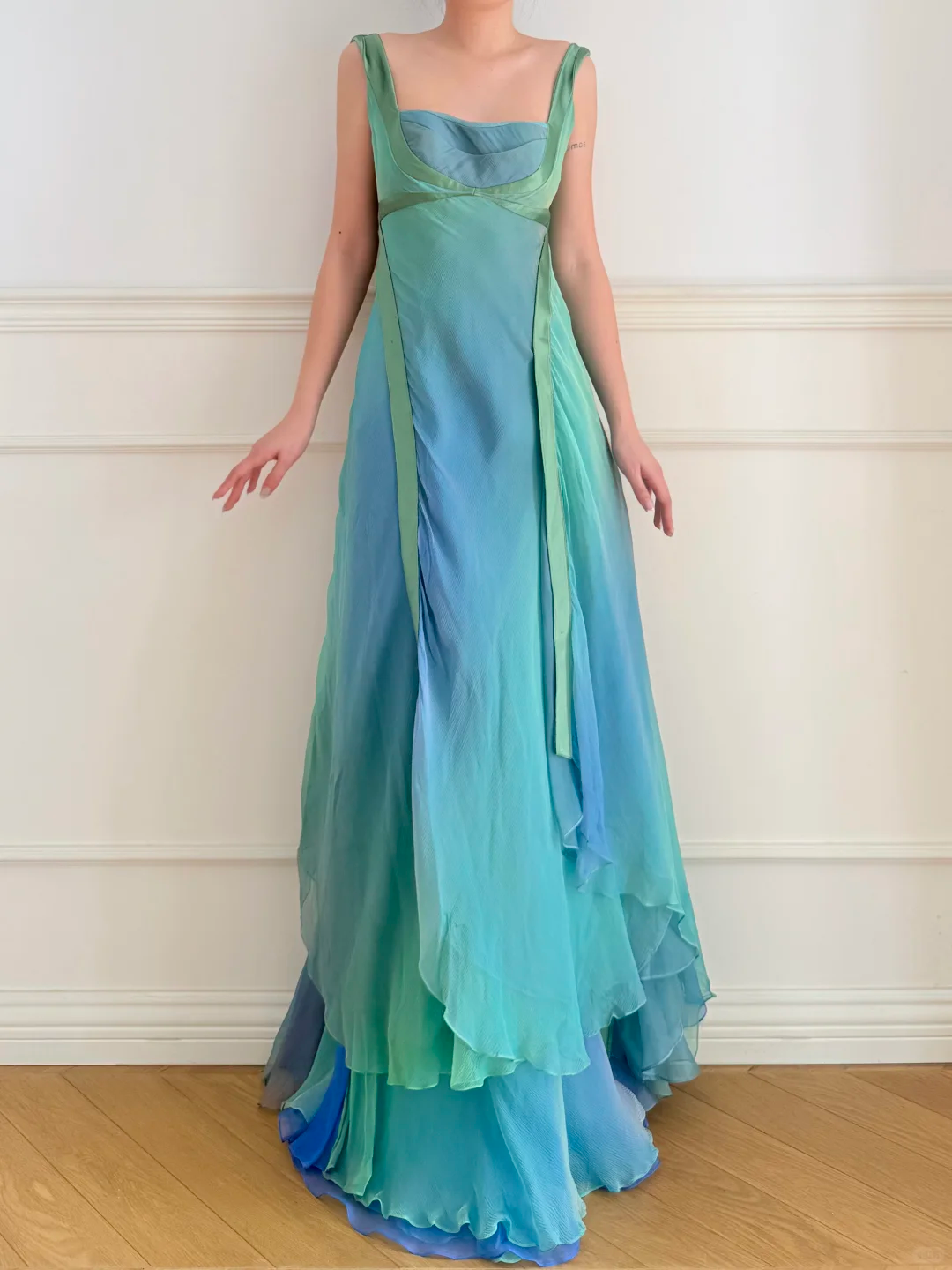 Vintage Dreamy A Line Blue Green Ombre Chiffon Prom Dress Wedding Guest Dress SH5438