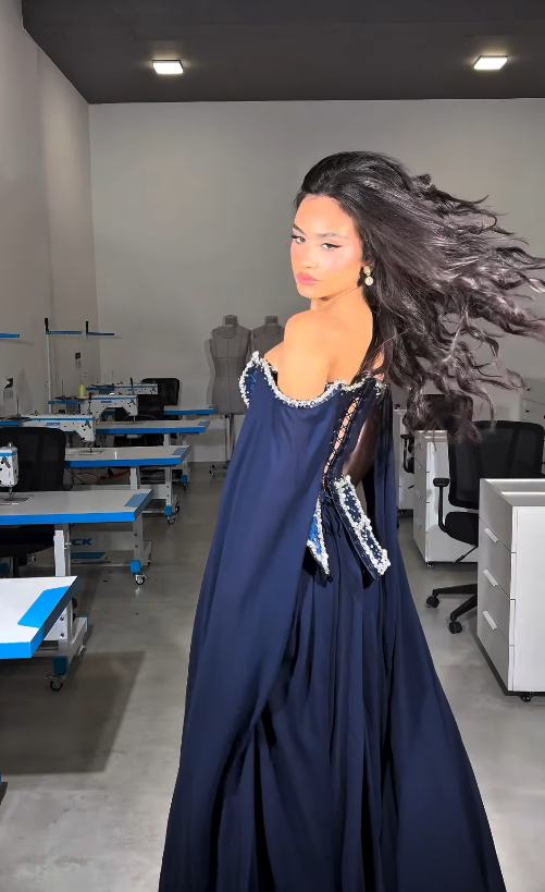 Stunning Navy Blue A Line Exquisite Pearl Beaded Chiffon Tulle Graduation Prom Dress SH5331