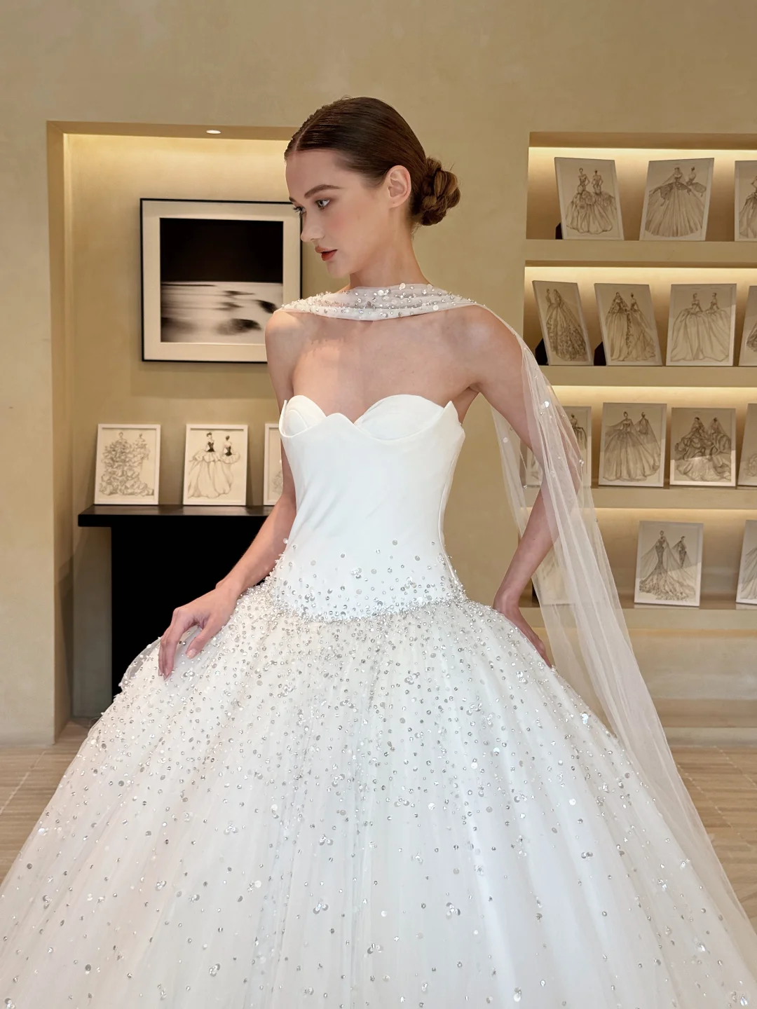 Stunning Ball Gown Strapless Exquisite Beaded White Satin Tulle Long Wedding Dress SH5094