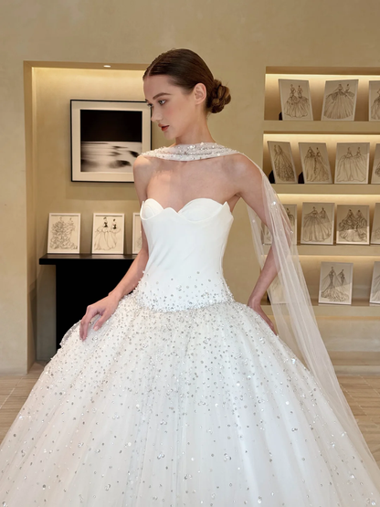 Stunning Ball Gown Strapless Exquisite Beaded White Satin Tulle Long Wedding Dress SH5094