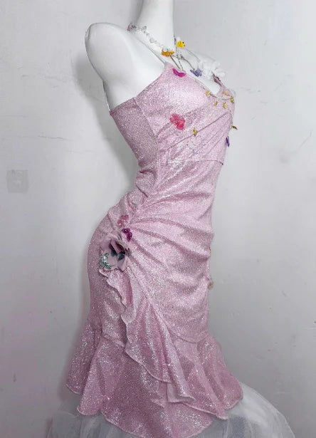 Glitter Pink Sequin Spaghetti Strap Butterfly Design 16th Birthday Party Dress Homecoming Dress D1526