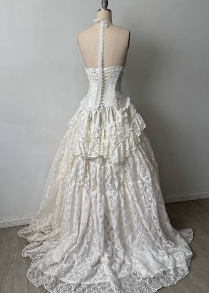 Vintage Ivory Ball Gown Halter Lace Long Prom Dress Party Dress SH5533