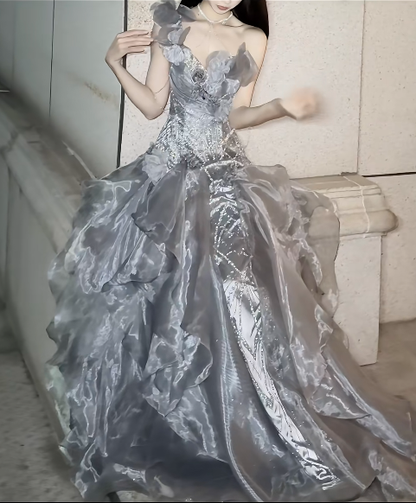 Stunning Grey Ball Gown Off the Shoulder Beaded Organza Satin Prom Dress Party Dress SH5026