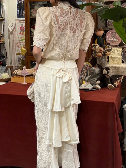 Vintage A Line High Neck White Lace Prom Dress Wedding Dress SH5562